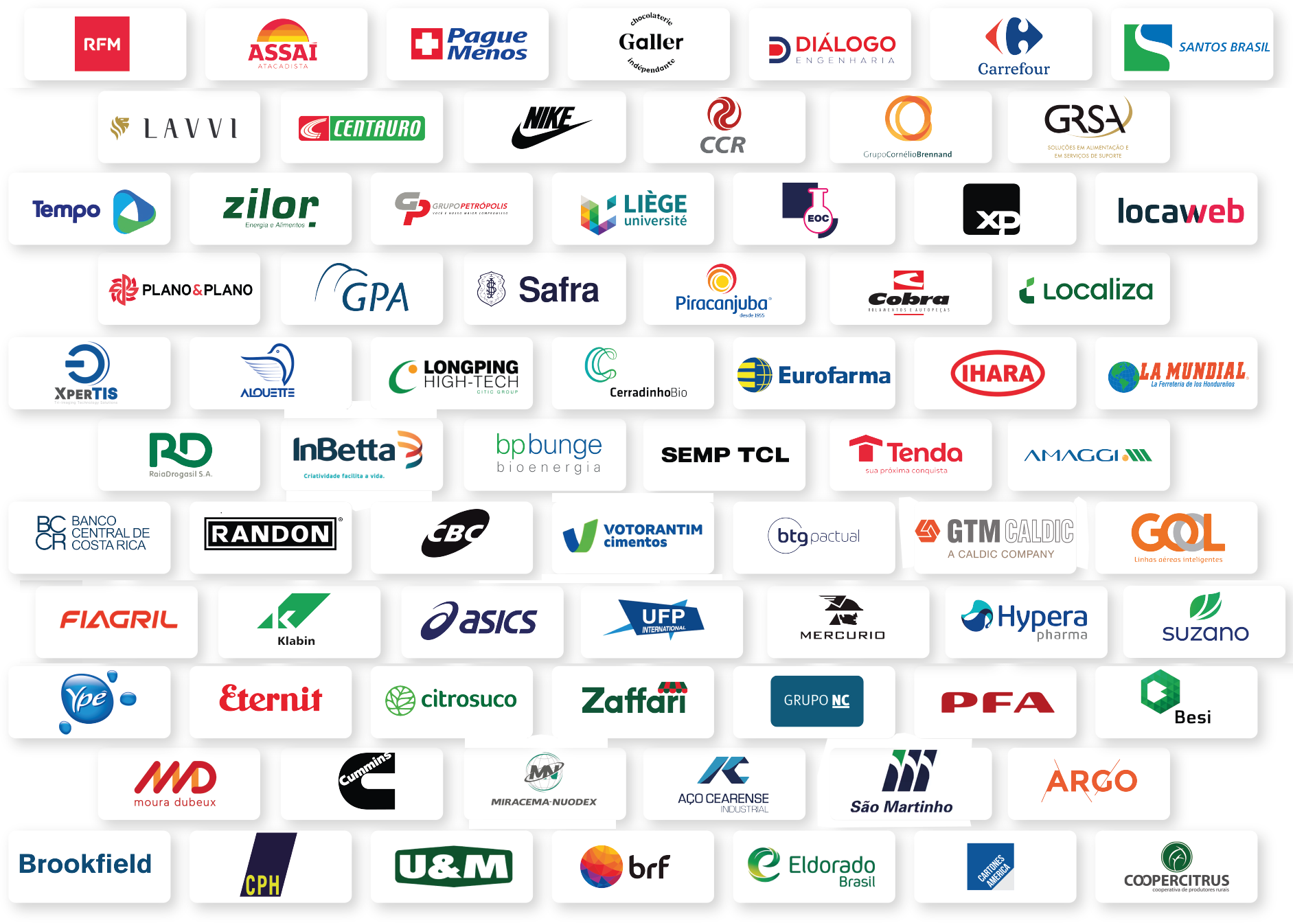 Na imagem, logos dos clientes e cases mignow: RFM, Assaí Atacadista, Pague Menos, Chocolates Galler, Diálogo Engenharia, Carrefour, Santos Brasil, Lavvi, Centauro, Nike, CCR, Grupo Cornélio Brennand, GRS (Grupo de Resíduos e Serviços), Tempo, Zilor Energia e Alimentos, Grupo Petrópolis, Liège Université, EOC, XP Investimentos, Locaweb, Plano & Plano, GPA (Grupo Pão de Açúcar), Banco Safra, Piracanjuba, Cobra, Localiza, Xpertis, Alouette, Longping High-Tech, CerradinhoBio, Eurofarma, Ihara, La Mundial, RD (RaiaDrogasil), InBetta, BP Bunge Bioenergia, SEMP TCL, Tenda, Amaggi, Banco Central da Costa Rica (BCCR), Randon, CBC, Votorantim Cimentos, BTG Pactual, GTM Caldic, GOL Linhas Aéreas Inteligentes, Fiagril, Klabin, Asics, UFP International, Mercurio, Hypera Pharma, Suzano, Ypê, Eternit, Citrosuco, Zaffari, Grupo NC, PFA, Besi, Moura Dubeux, Cummins, Miracema‑Nuodex, Aço Cearense Industrial, São Martinho, Argo, Brookfield, CPH, U&M, BRF (Brasil Foods), Eldorado Brasil, Coopercitrus
